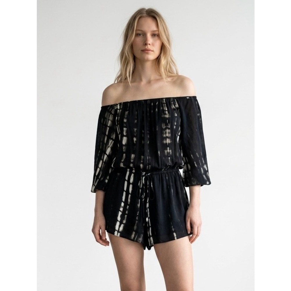 Carmin Beach Black and Cream Off Shoulder Tye-dye Romper